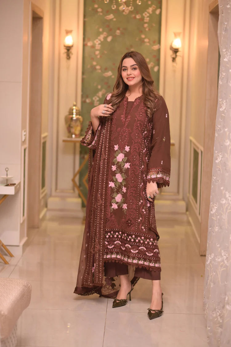 ANEELAS-3PC LAWN CHIKAN EMBROIDERED SHIRT WITH LAWN EMB DUPATTA AND TROUSERUR-UR-4567