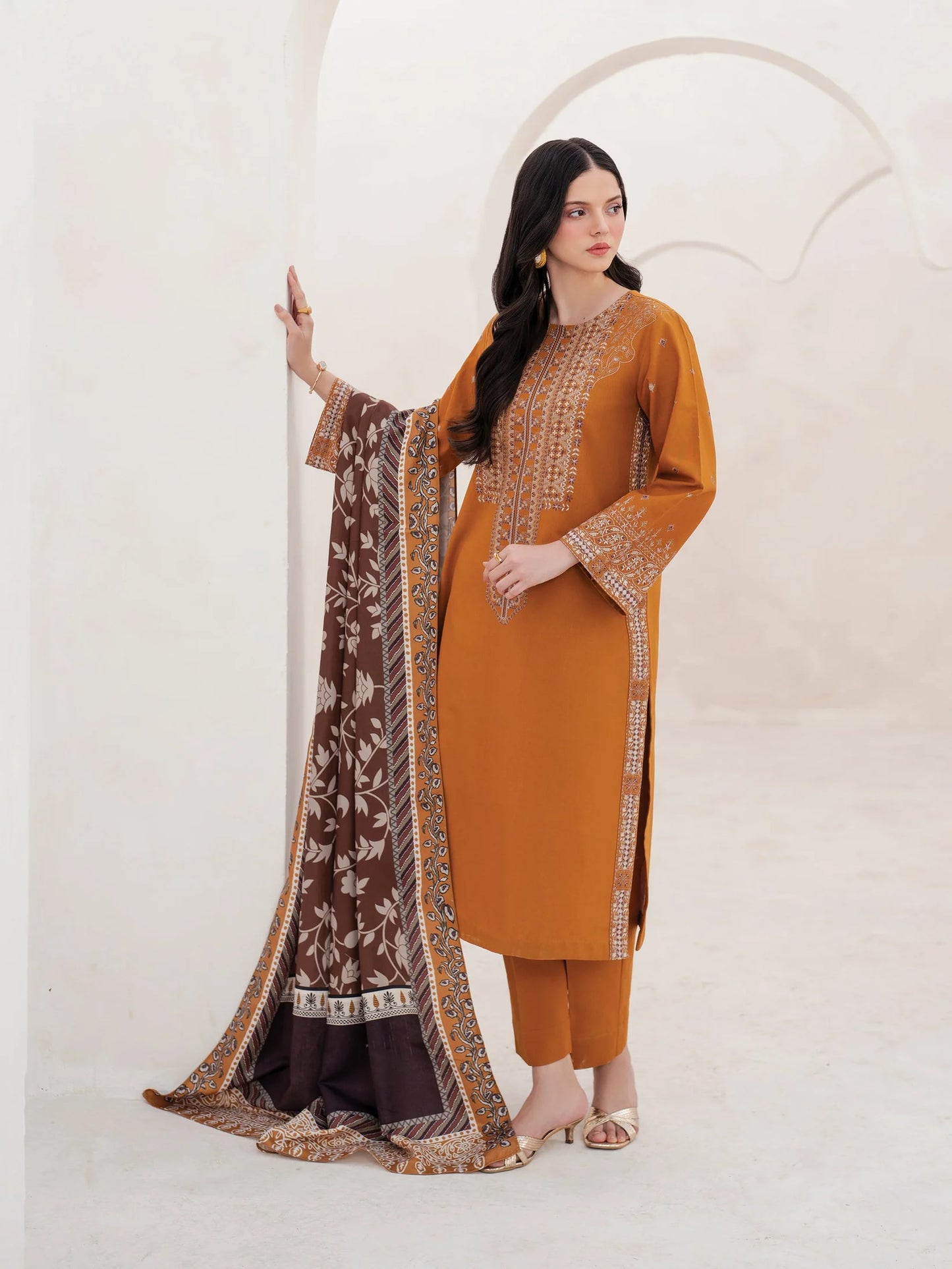 GARNET-3PC LAWN EMBROIDERED SHIRT WITH MONARK PRINT DUPATTA AND TROUSER-UR-2550