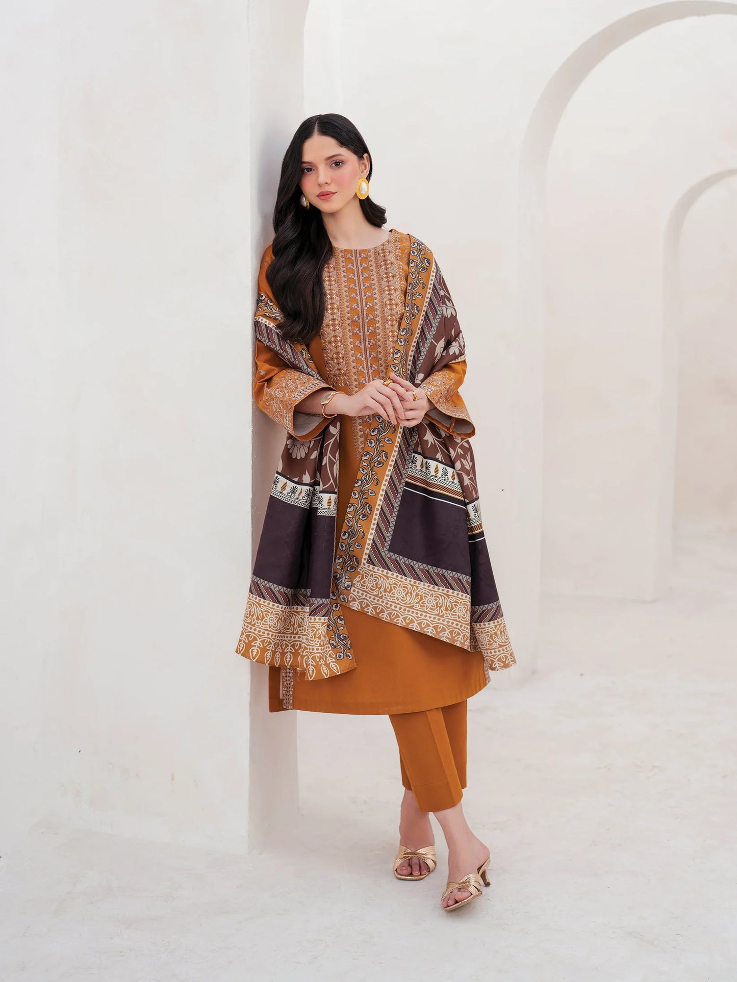 GARNET-3PC LAWN EMBROIDERED SHIRT WITH MONARK PRINT DUPATTA AND TROUSER-UR-2550