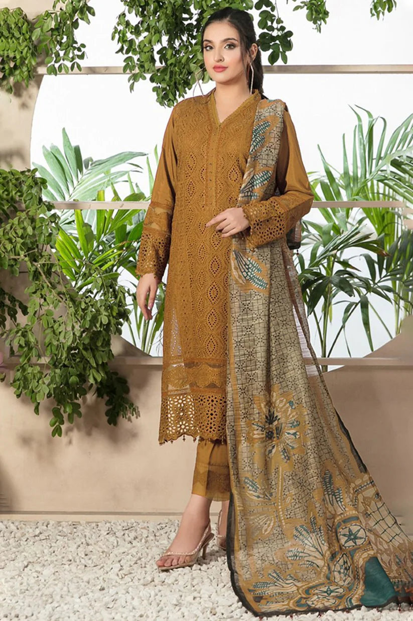 ZAINAB CHOTANI-3PC CHIKENKARI LAWN EMBROIDERED SHIRT WITH MONARK PRINT DUPATTA & TROUSER-UR-2582- MUSTERD