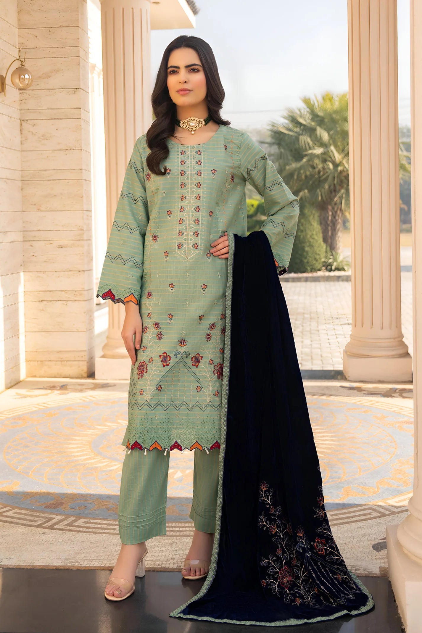 TANA BANA-3PC KHADDAR EMBROIDERED SHIRT WITH VELVET EMBROIDERED READY TO WEAR SHAWL-TBF-1004