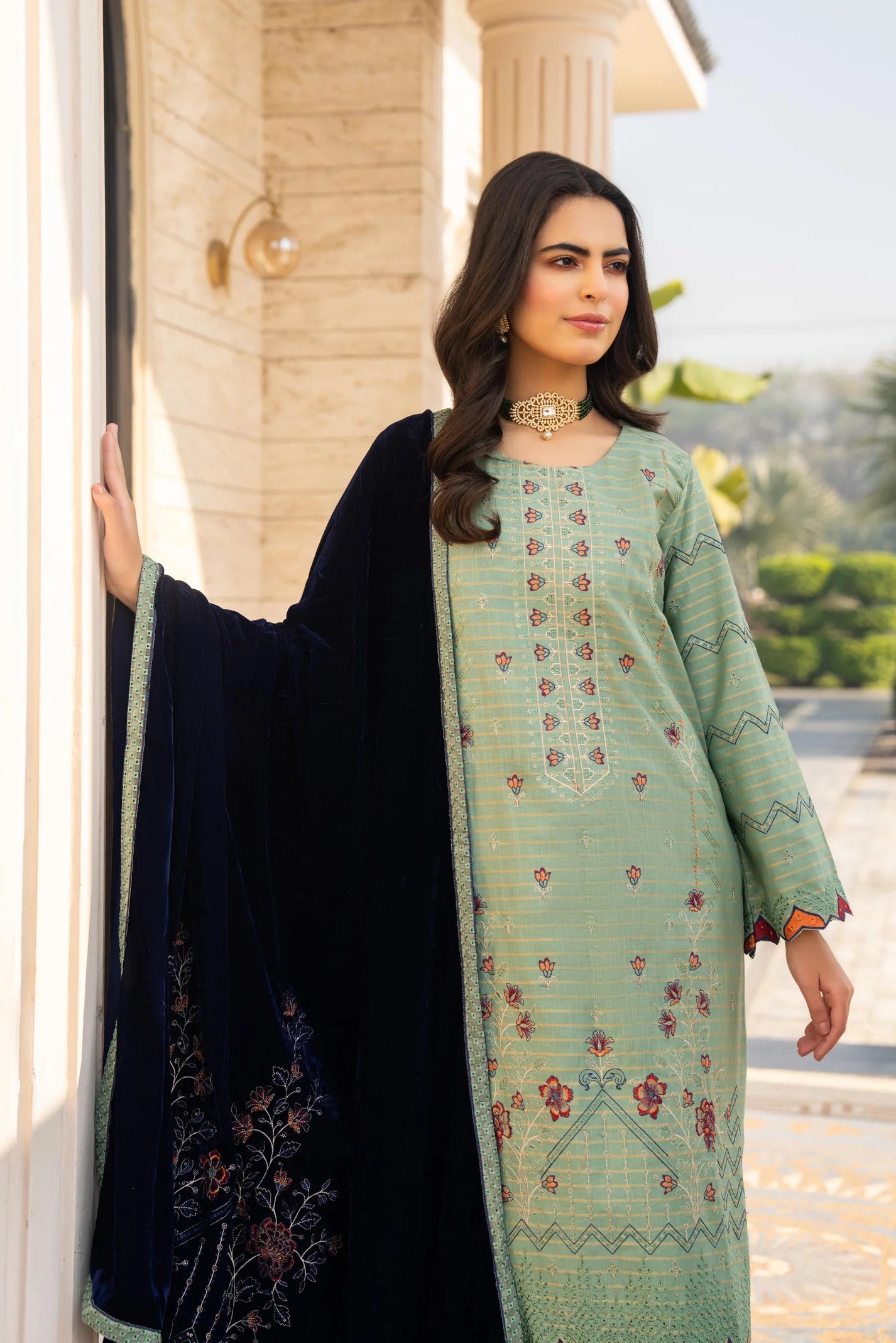 TANA BANA-3PC KHADDAR EMBROIDERED SHIRT WITH VELVET EMBROIDERED READY TO WEAR SHAWL-TBF-1004