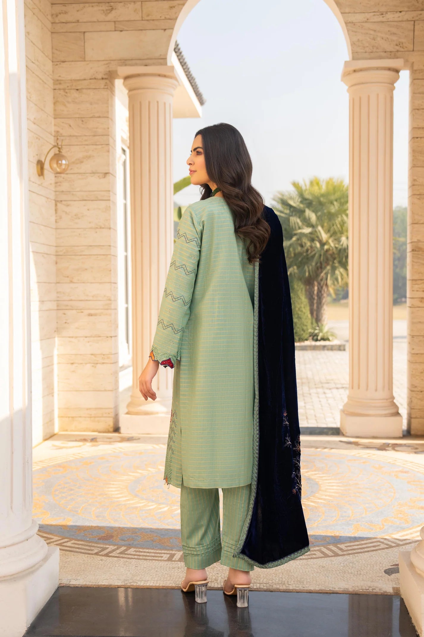 TANA BANA-3PC KHADDAR EMBROIDERED SHIRT WITH VELVET EMBROIDERED READY TO WEAR SHAWL-TBF-1004