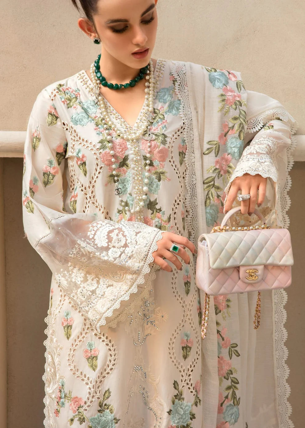CRIMSON-3PC DHANAK EMBROIDERED SHIRT WITH CHIFFON EMBROIDERED DUPATTA & TROUSER-UR-4086