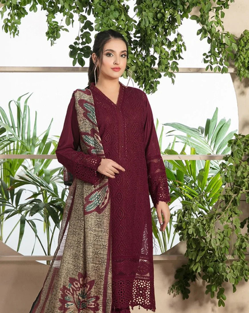 ZAINAB CHOTANI-3PC CHIKENKARI LAWN EMBROIDERED SHIRT WITH MONARK PRINT DUPATTA & TROUSER-UR-2582 MEHROON