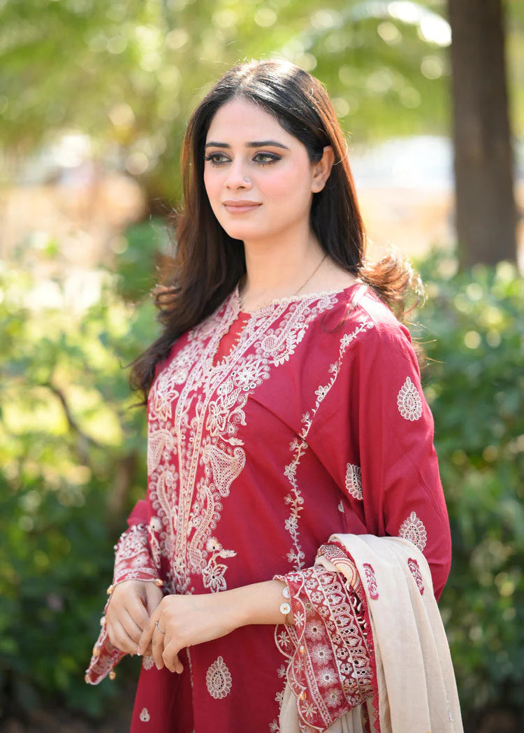HANA- 3PC DHANAK EMBROIDERED SHIRT WITH COUTURE PRINT SHAWL AND TROUSER-TANA-1679