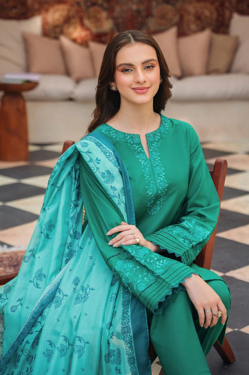 ZIVA-3PC DHANAK EMBROIDERED SHIRT WITH COUTRAI PRINTED SHAWL AND TROUSER-UR-3813