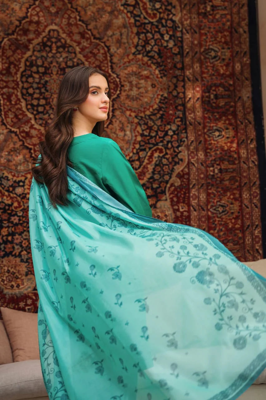ZIVA-3PC LAWN EMBROIDERED SHIRT WITH MONARK PRINTED DUPATTA AND TROUSER-2597