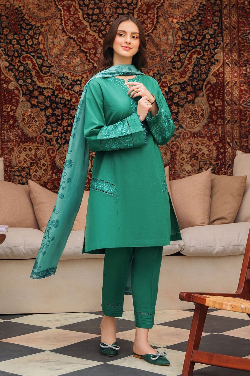 ZIVA-3PC LAWN EMBROIDERED SHIRT WITH MONARK PRINTED DUPATTA AND TROUSER-2597