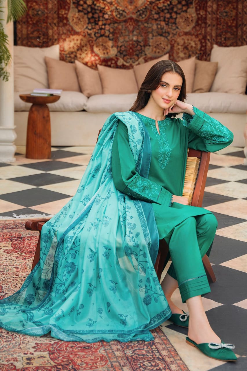 ZIVA-3PC LAWN EMBROIDERED SHIRT WITH MONARK PRINTED DUPATTA AND TROUSER-2597