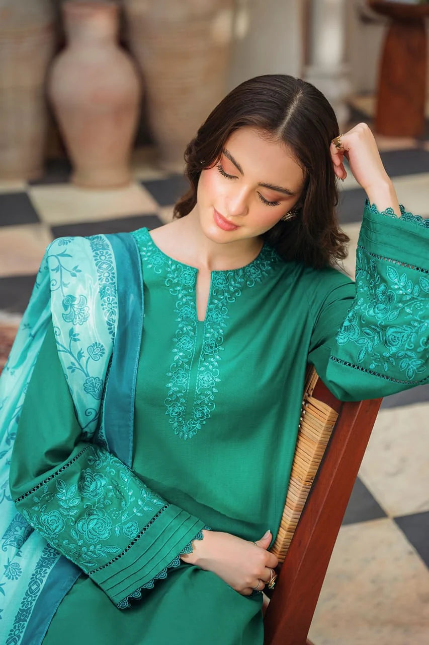 ZIVA-3PC LAWN EMBROIDERED SHIRT WITH MONARK PRINTED DUPATTA AND TROUSER-2597