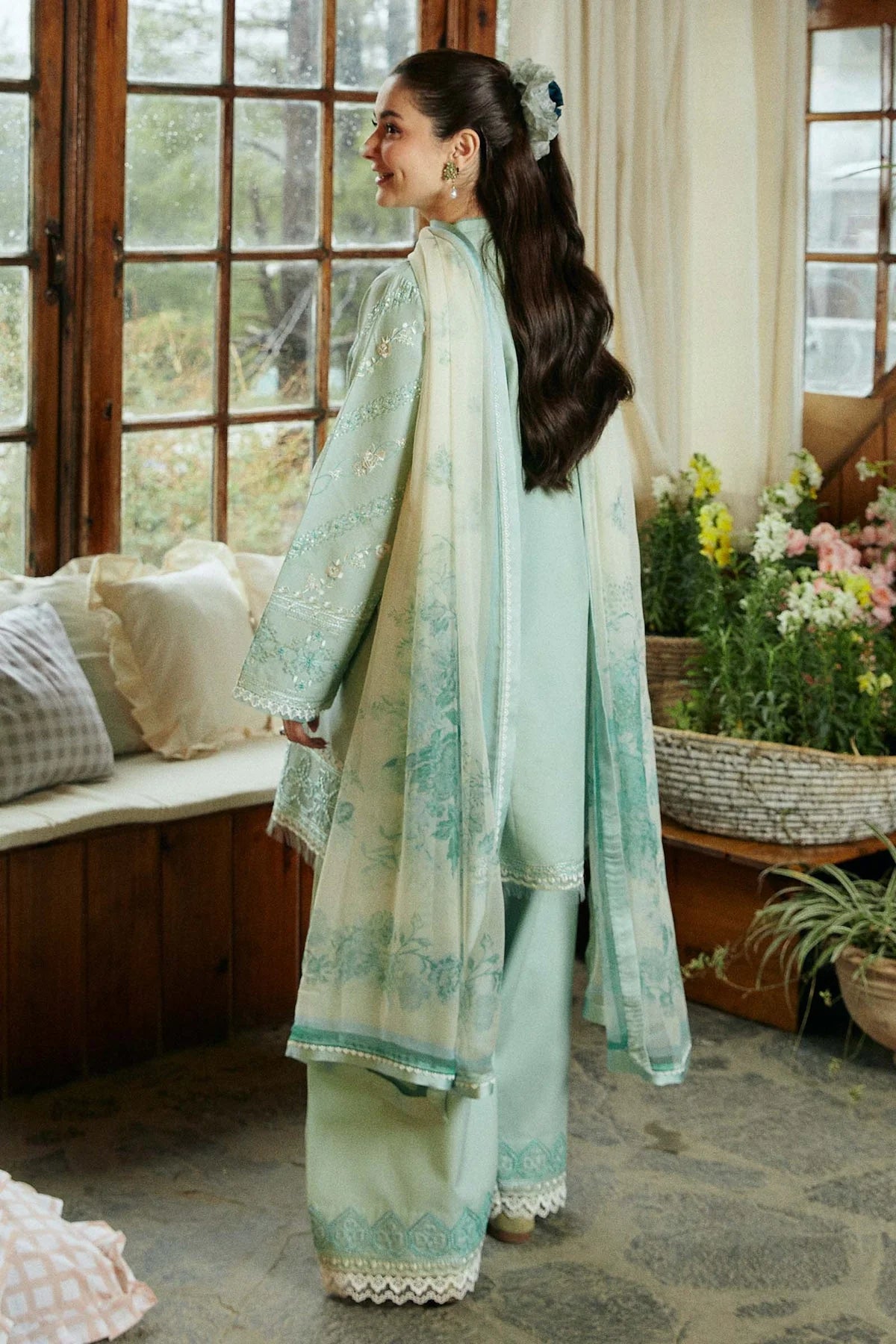 ZAHRA SHAHJAHAN- 3PC KAWN EMBROIDERED SHIRT WITH MONARK PRINT DUPATTA & TROUSER-UR-2526