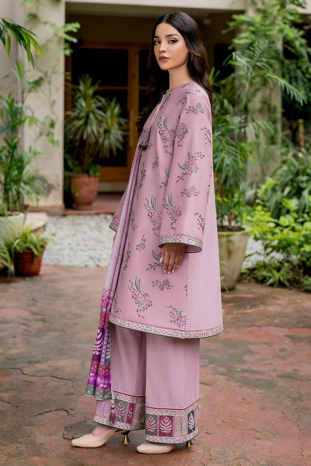 JAZMIN-3PC DHANAK EMBROIDRED SHIRT WITH WOOL PRINT SHAWL AND TROUSER-TANA-1677