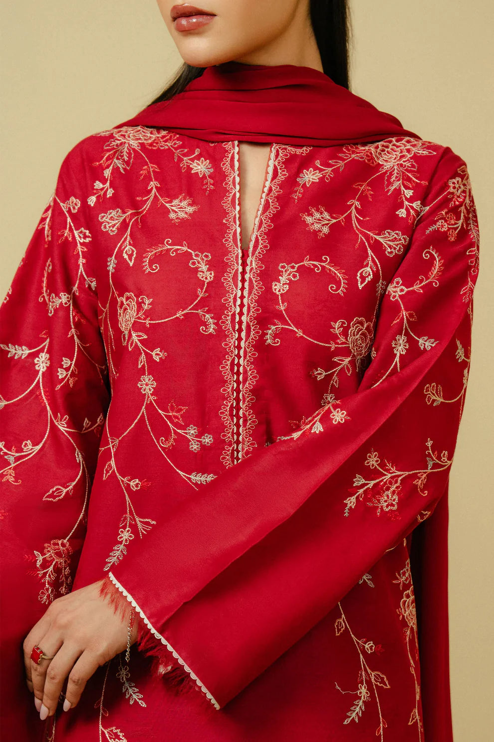 ZAHRA SHAHJAHAN - 3PC DHANAK EMBROIDERED SHIRT DHANAK EMBROIDERED DUPATTA AND TROUSER-TANA-1699-RED