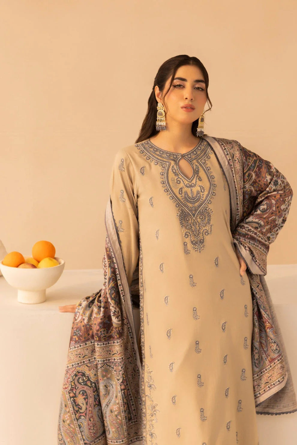 JAZMIN.-3PC LAWN EMBROIDERED SHIRT WITH MONARK PRINT DUPATTA AND TROUSER-UR-2572