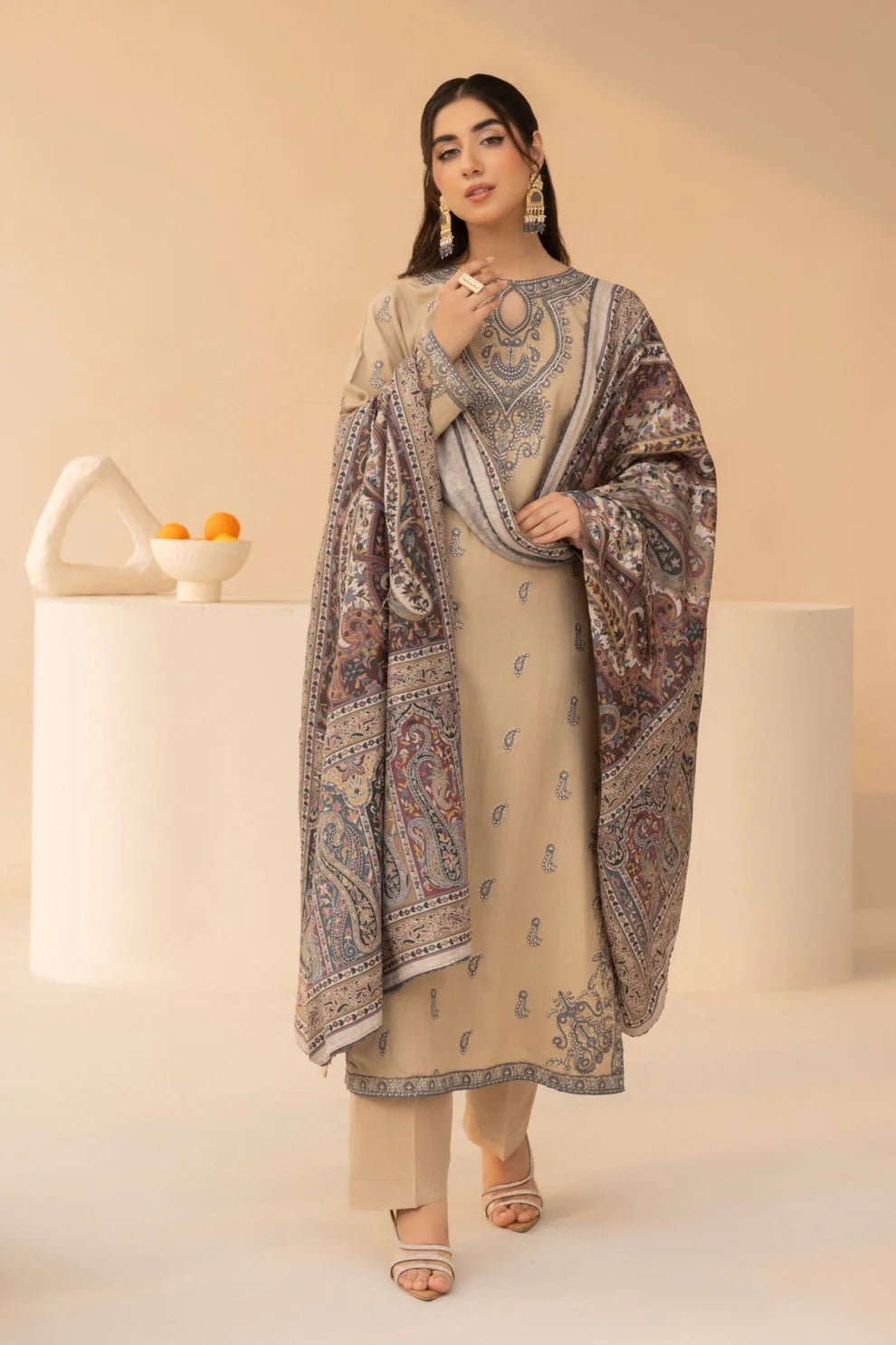 JAZMIN.-3PC LAWN EMBROIDERED SHIRT WITH MONARK PRINT DUPATTA AND TROUSER-UR-2572