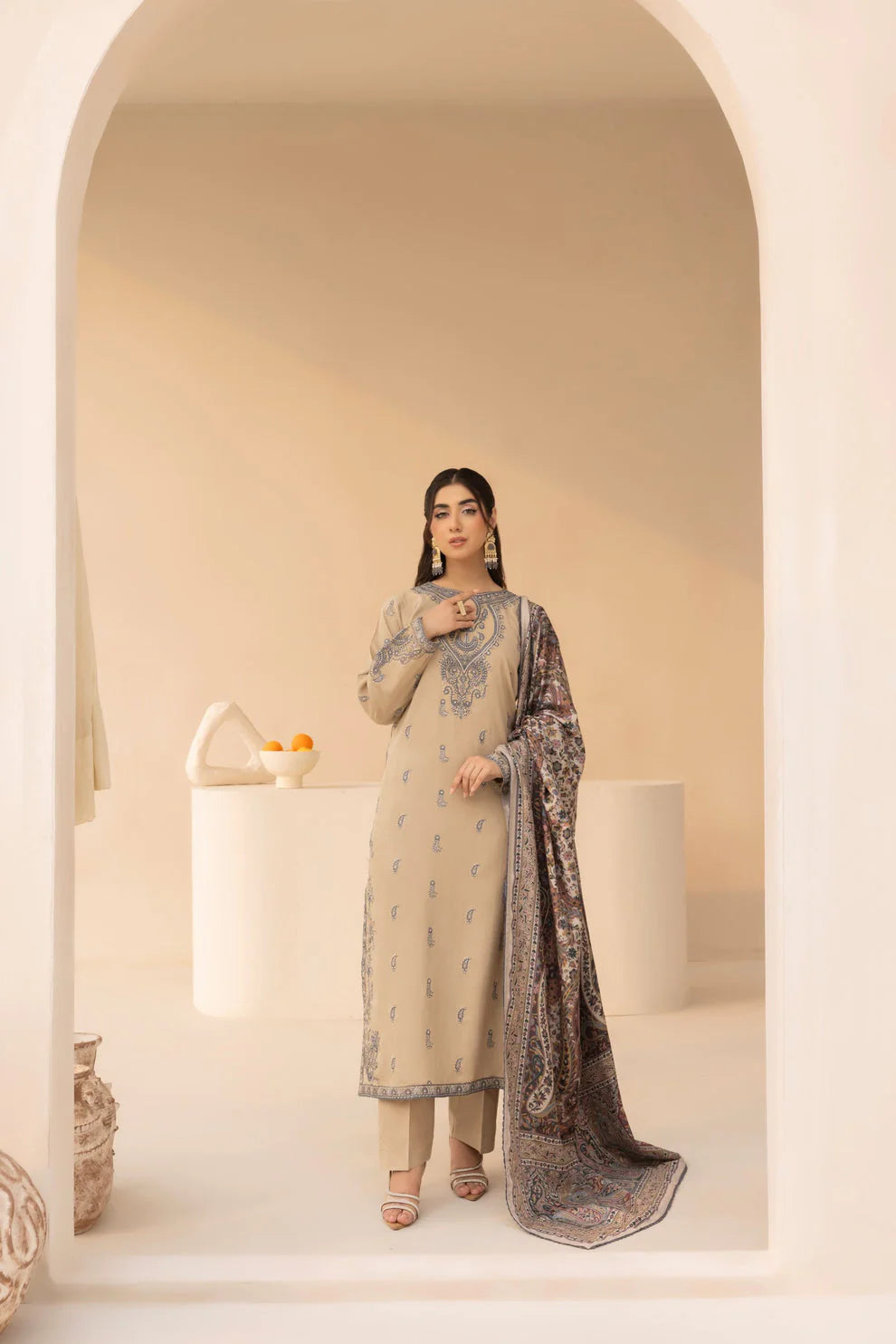JAZMIN.-3PC LAWN EMBROIDERED SHIRT WITH MONARK PRINT DUPATTA AND TROUSER-UR-2572