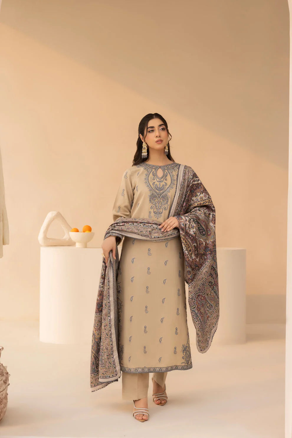 JAZMIN.-3PC LAWN EMBROIDERED SHIRT WITH MONARK PRINT DUPATTA AND TROUSER-UR-2572