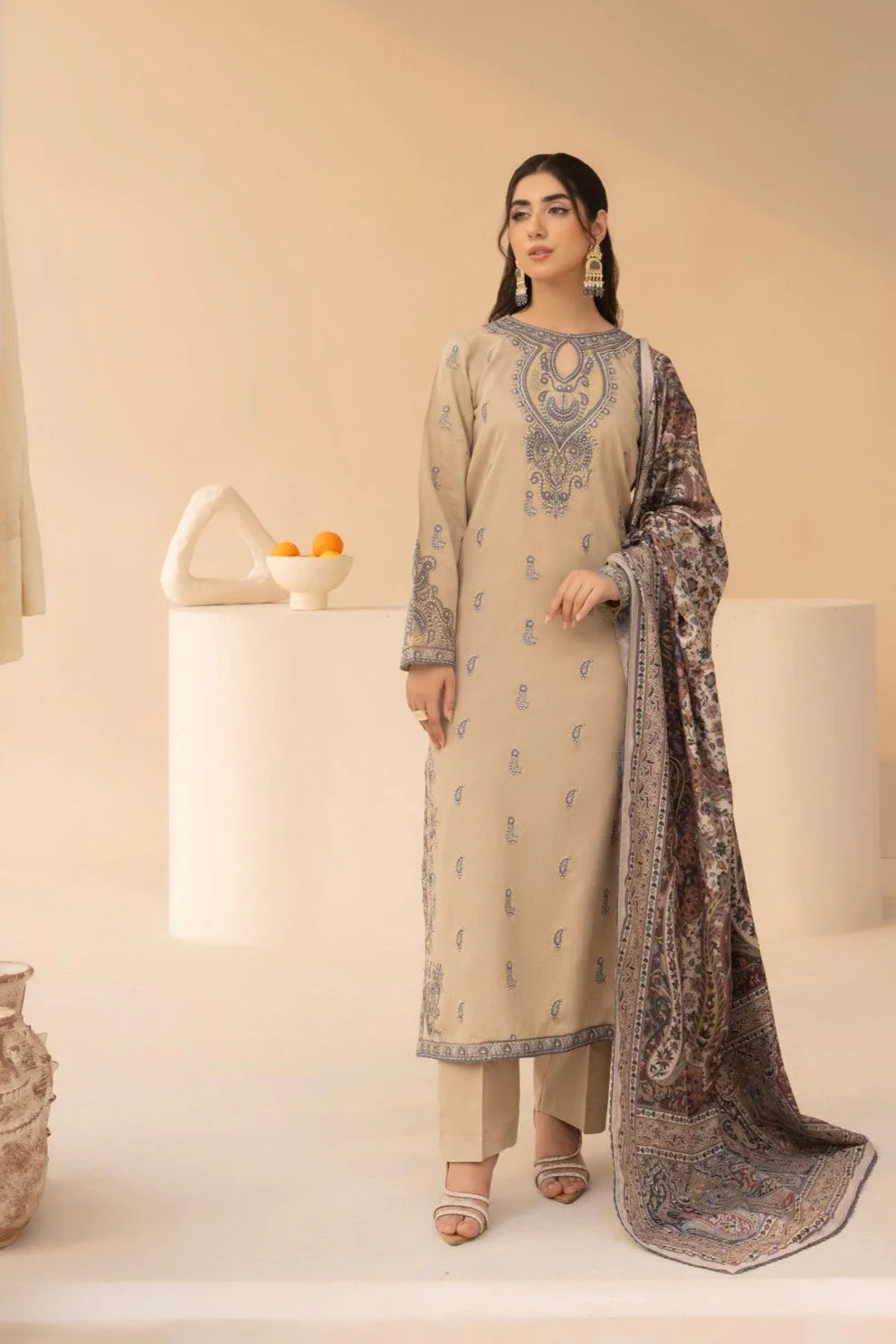 JAZMIN.-3PC LAWN EMBROIDERED SHIRT WITH MONARK PRINT DUPATTA AND TROUSER-UR-2572