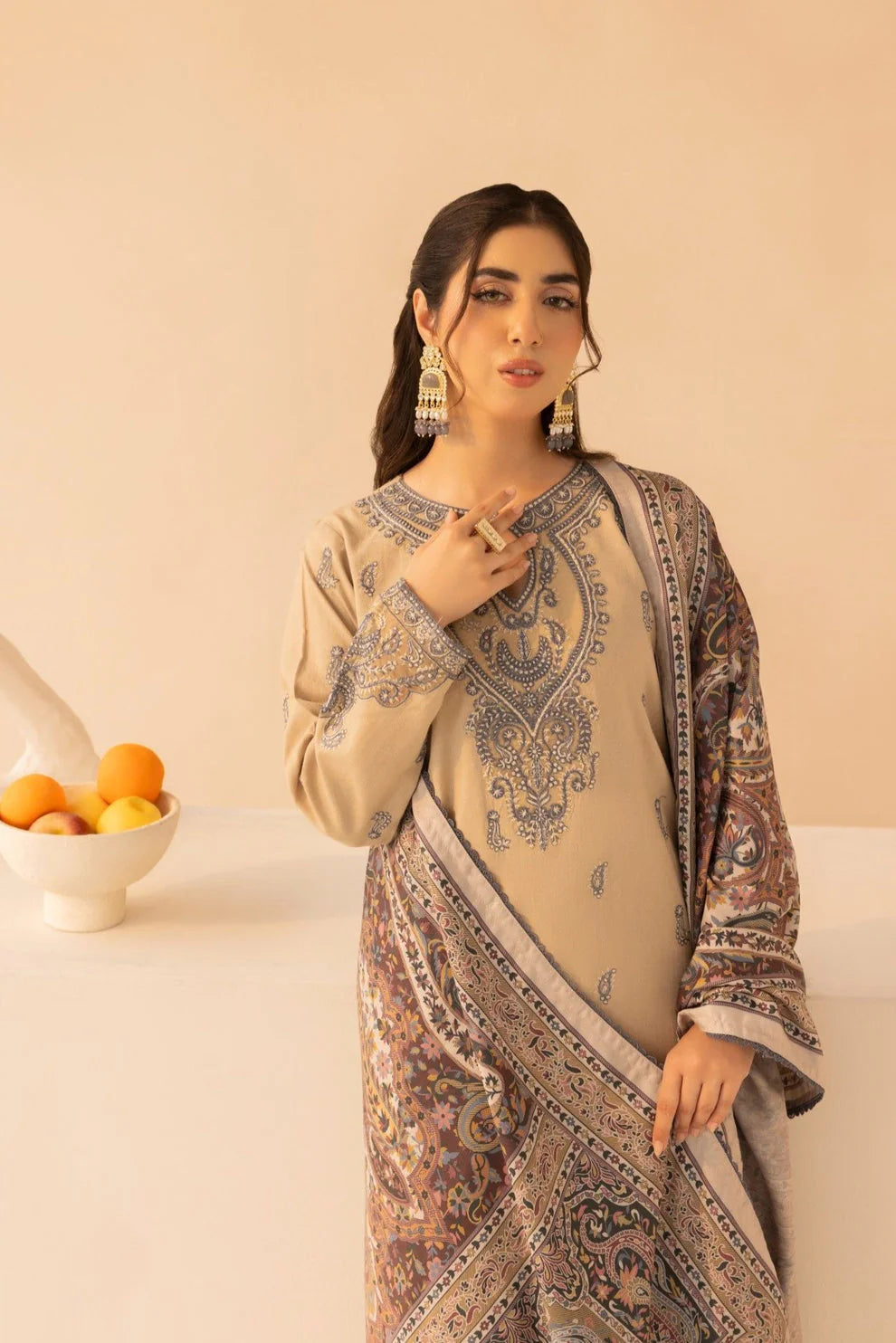 JAZMIN.-3PC LAWN EMBROIDERED SHIRT WITH MONARK PRINT DUPATTA AND TROUSER-UR-2572