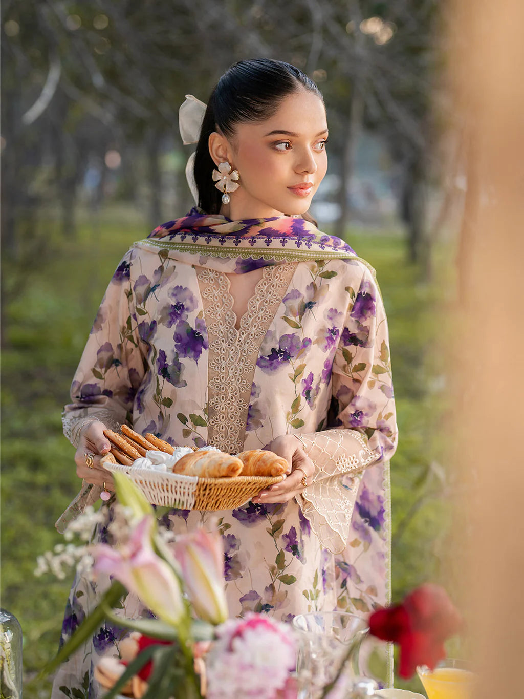 GARNET-3PC LAWN PRINTED EMB SHIRT WITH SILK PRINTED DUPATTA AND PRINTED TROUSER-UR-545