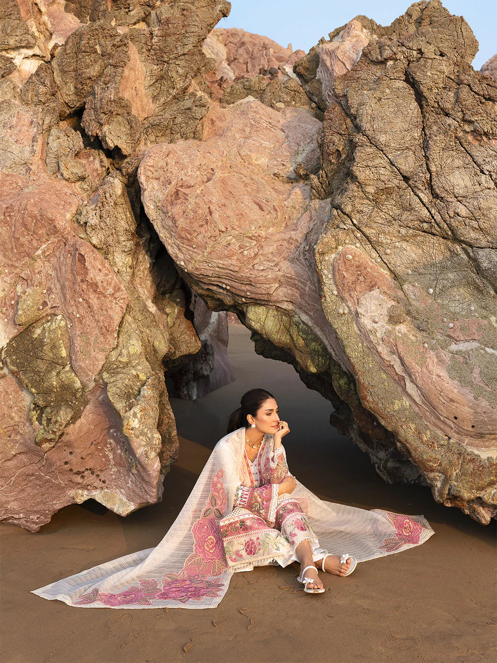 MAHNUR-3PC LAWN CHIKAN HEAVY EMBROIDERED SHIRT WITH KHADDI NET EMBROIDERED DUPATTA AND TROUSER-UR-4271