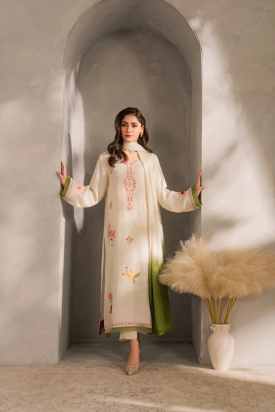 MIRANA-3PC DHANAK EMBROIDERED SHIRT WITH BAMBER CHIFFON DUPATTA AND TROUSER-UR-4083