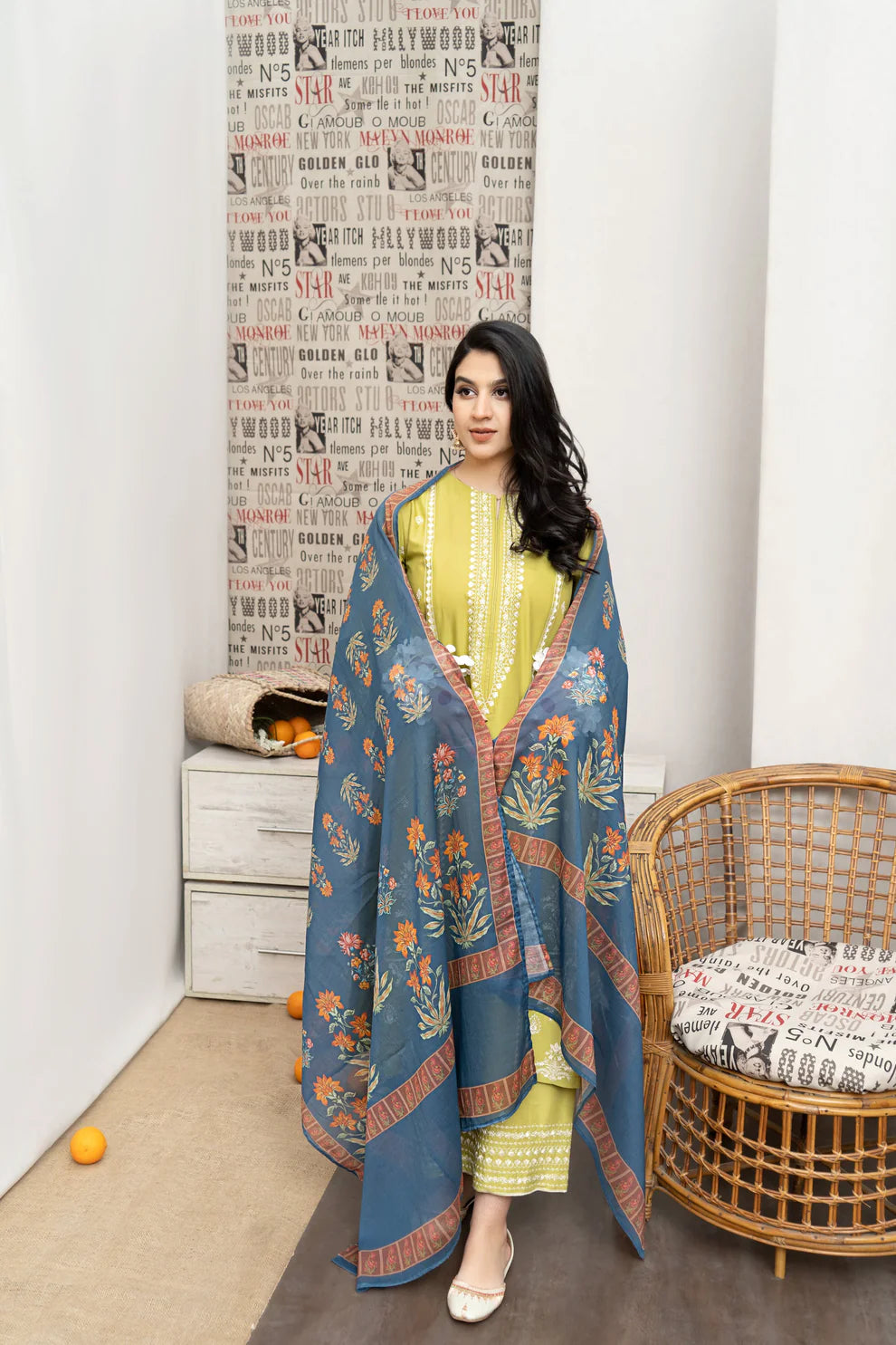 URGE- 3PC LAWN EMBROIDERED SHIRT WITH MONARK PRINTED DUPATTA AND EMB TROUSER-UR-3542