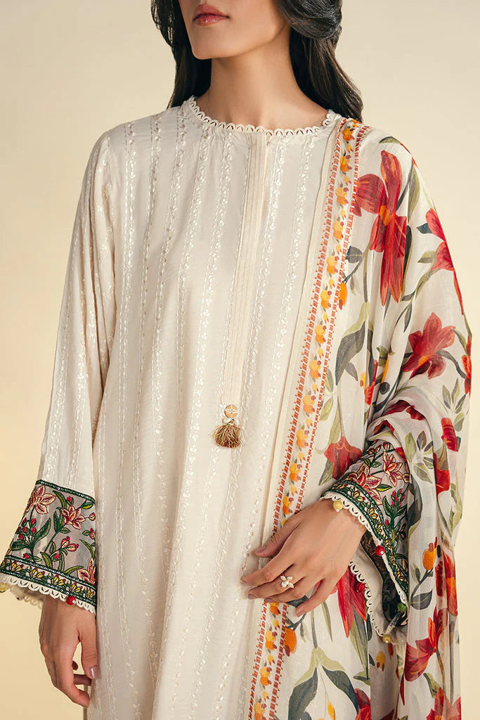 JAZMIN-3PC DHANAK EMBROIDRED SHIRT WITH WOOL PRINT SHAWL AND TROUSER-UR-3845