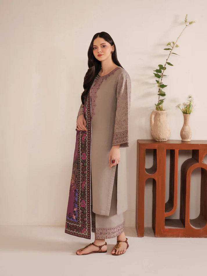 GARNET-3PC LAWN EMBROIDERED SHIRT WITH CHIFFON PRINTED DUPATTA AND EMB TROUSER-UR-3585
