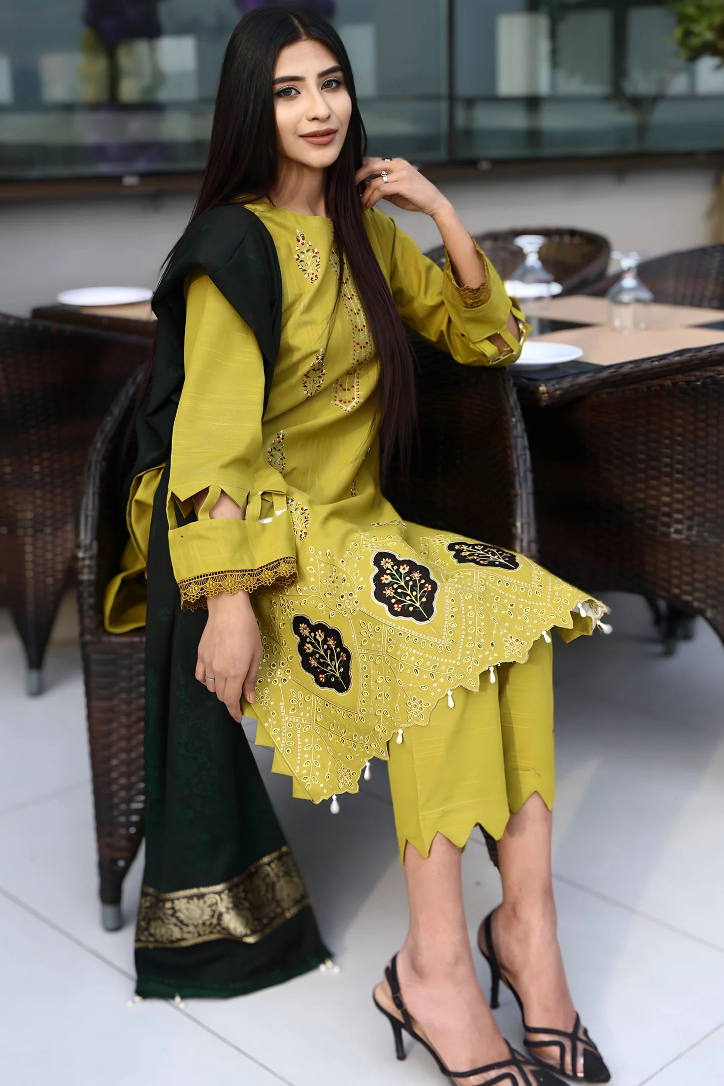 URAN-3PC KHADDAR CUTWORK EMBROIDERED SHIRT WITH KASHMIRI JACQUARD WOOL SHAWL-TBF- 1819-M