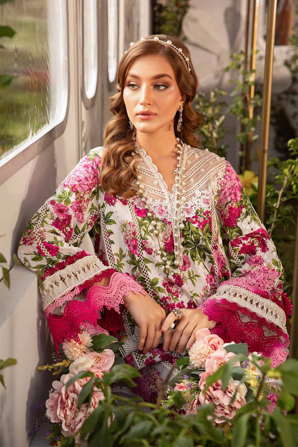 MARIA.B-3PC LAWN PRINTED EMB SHIRT WITH CHIFFON PRINT DUPATTA AND PRINT TROUSER-UR-3253