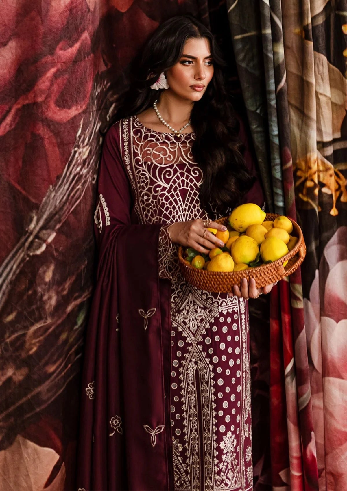 QALAMQAR-3PC CHIKANKAARI LAWN CUTWORK EMBROIDERED SHIRT WITH LAWN EMBROIDERED CUTWORK DUPATTA AND TROUSER-UR-2611