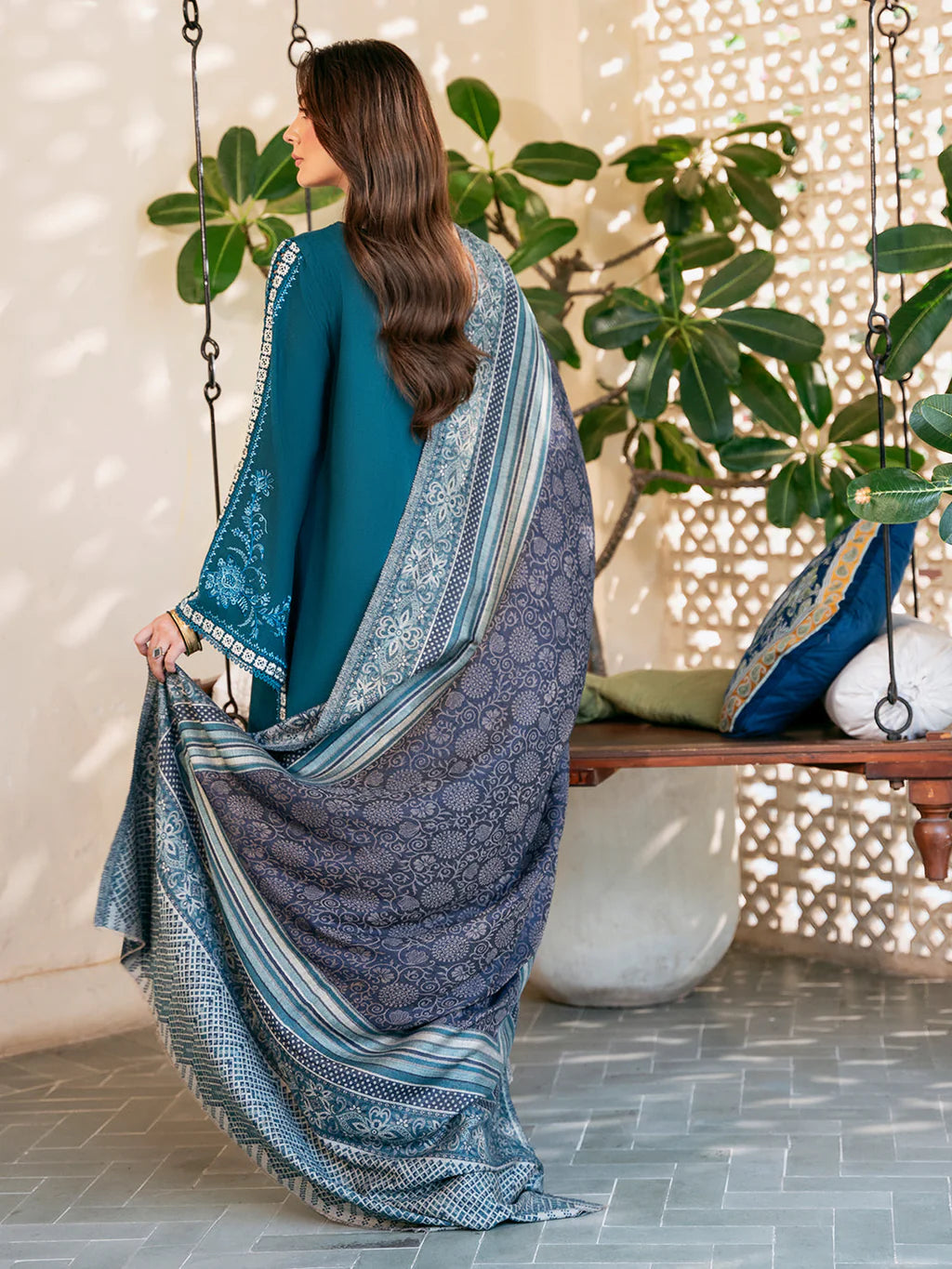 IZEL-3PC DHANAK EMBROIDERED SHIRT WITH COURTRAI PRINTED SHAWL & TROUSER-UR-4560