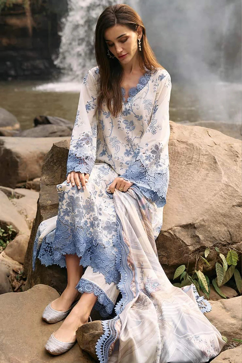 IMAGE-3PC LAWN EMBROIDERED SHIRT WITH MONARK PRINT DUPATTA & LAWN TROUSER-UR-2580