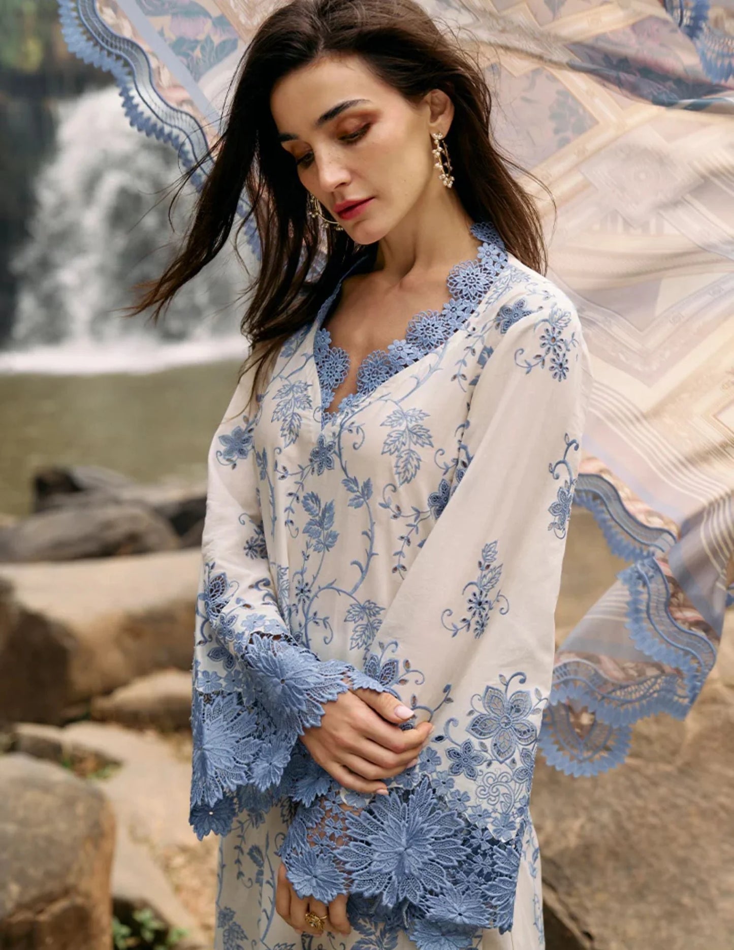 IMAGE-3PC LAWN EMBROIDERED SHIRT WITH MONARK PRINT DUPATTA & LAWN TROUSER-UR-2580