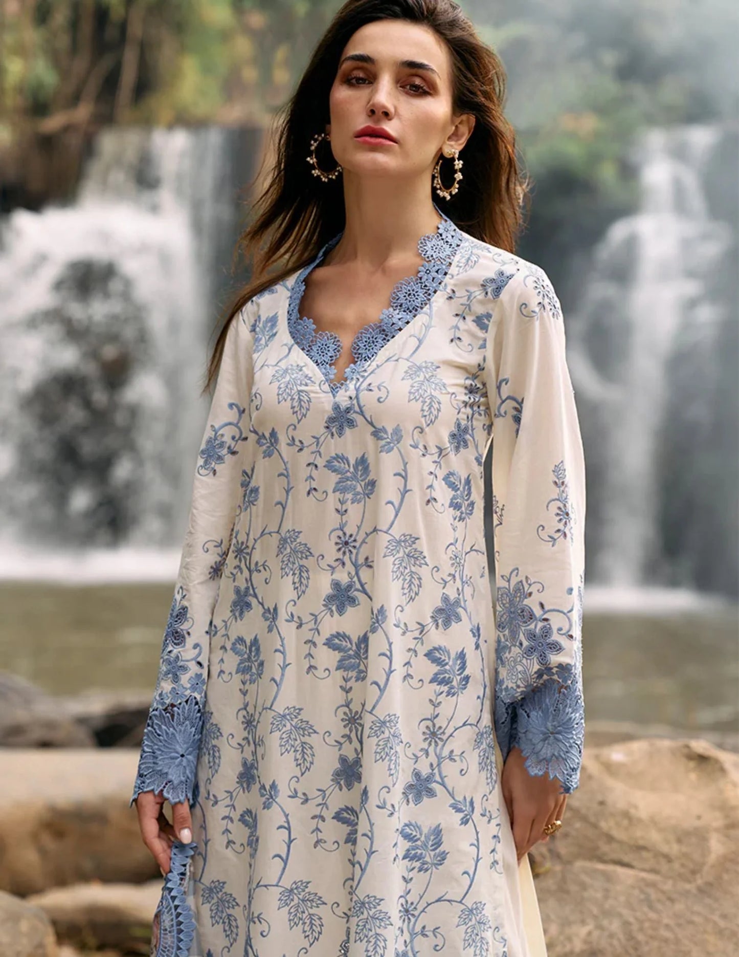 IMAGE-3PC LAWN EMBROIDERED SHIRT WITH MONARK PRINT DUPATTA & LAWN TROUSER-UR-2580