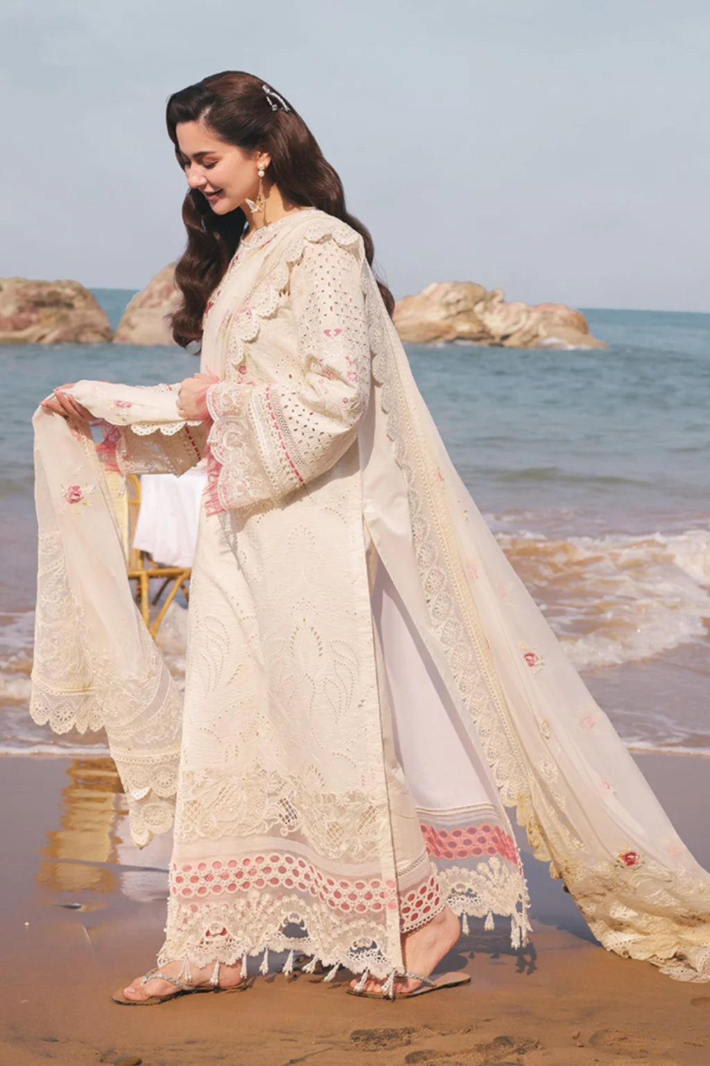 QALAMQAR-3PC LAWN CHIKANKARI EMBROIDERED SHIRT WITH KHADDI NET EMB DUPATTA AND TROUSER-UR-3551