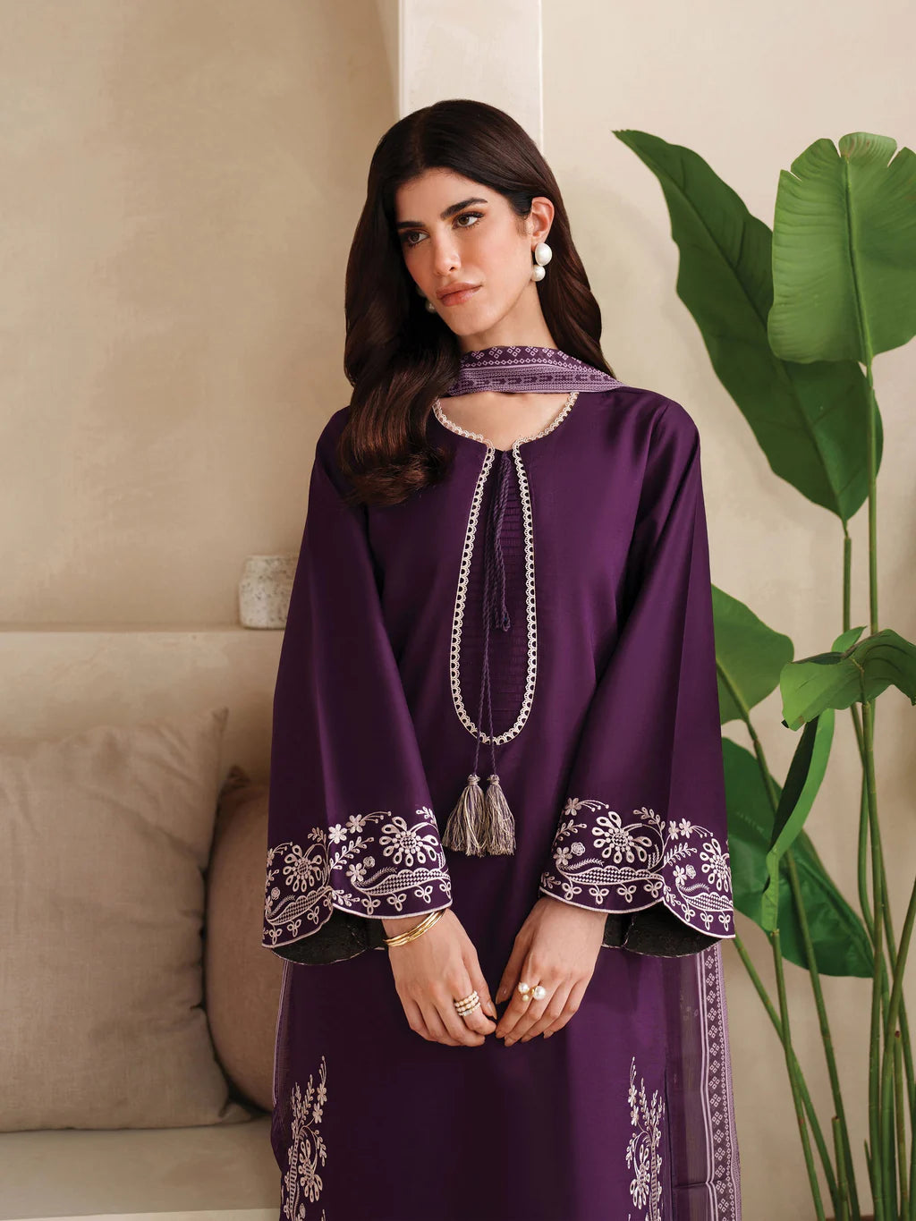 GARNET-3PC DHANAK EMBROIDERED SHIRT WITH COURTRAI PRINTED SHAWL AND TROUSER-UR-4045