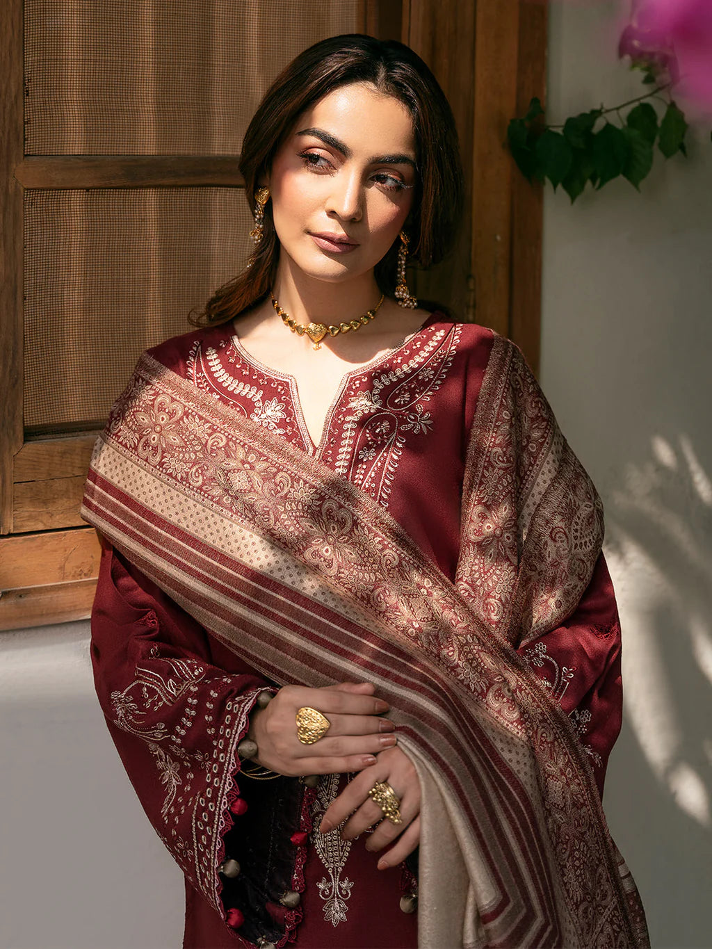 IZEL-3PC DHANAK EMBROIDERED SHIRT WITH COURTRAI PRINTED SHAWL & TROUSER-UR-4542
