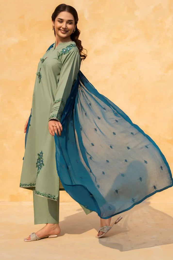LAZULI-3PC LAWN EMBROIDERED SHIRT WITH CHIFFON EMBROIDERED DUPATTA AND TROUSER