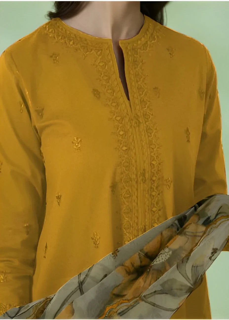 SAPPHIRE-3PC DHANAK EMBROIDERED SHIRT WITH COURTRAI PRINTED SHAWL AND TROUSER-UR-5345