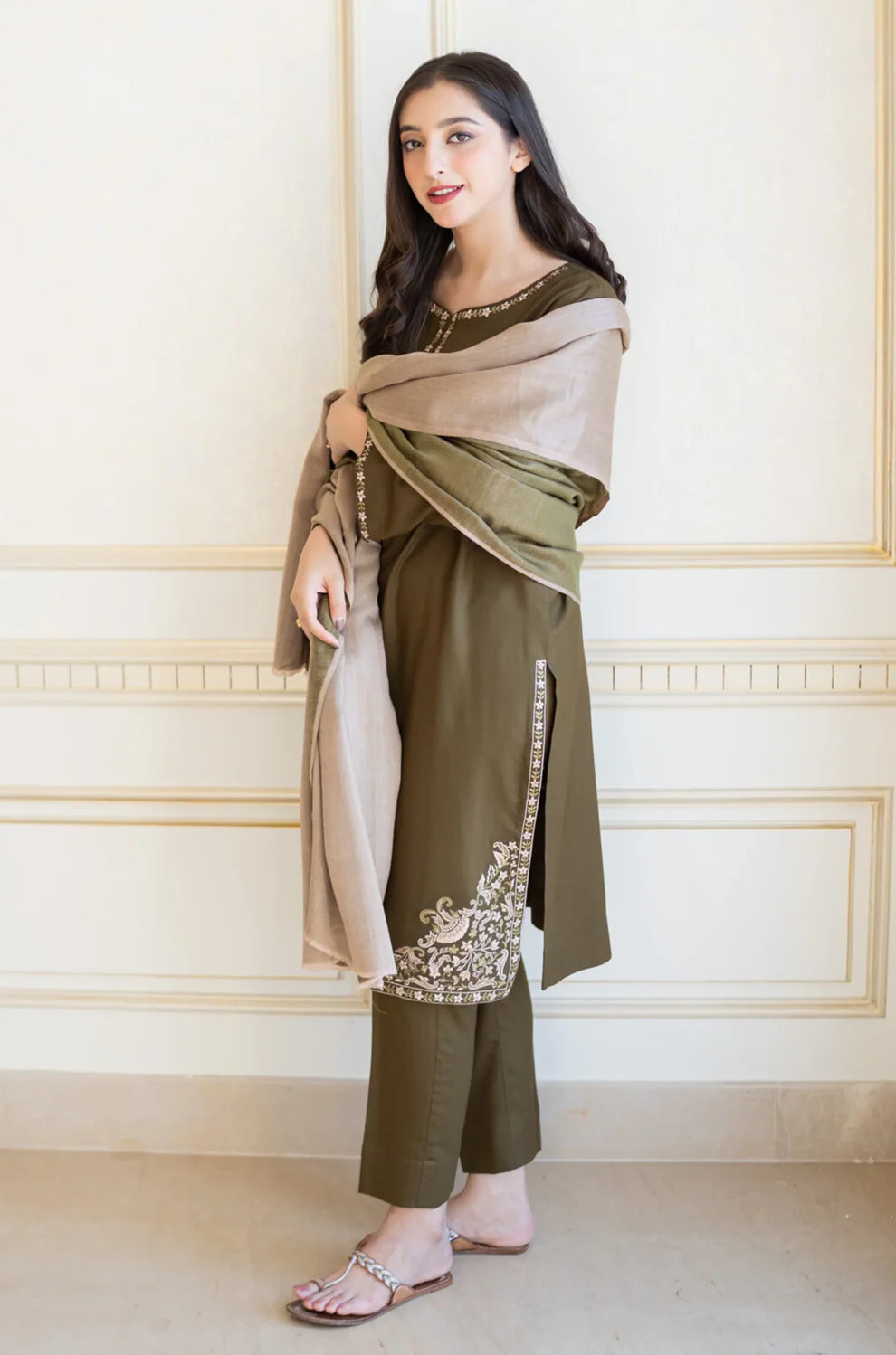 AISLING - 3PC DHANAK EMBROIDERED SHIRT WITH COUTURE SHAWAL AND TROUSER-2203