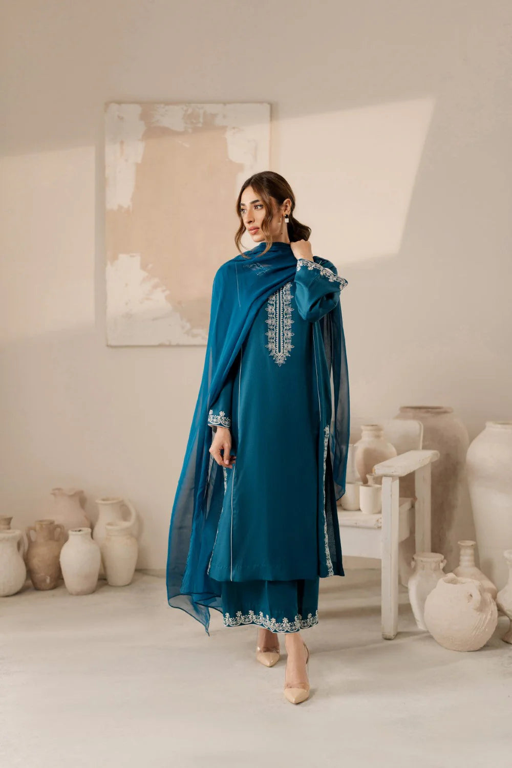 Vintage-Lawn 3pc Embroidered Shirt With Bamber Chiffon Dupatta & Embroidered Trouser-UR-2503