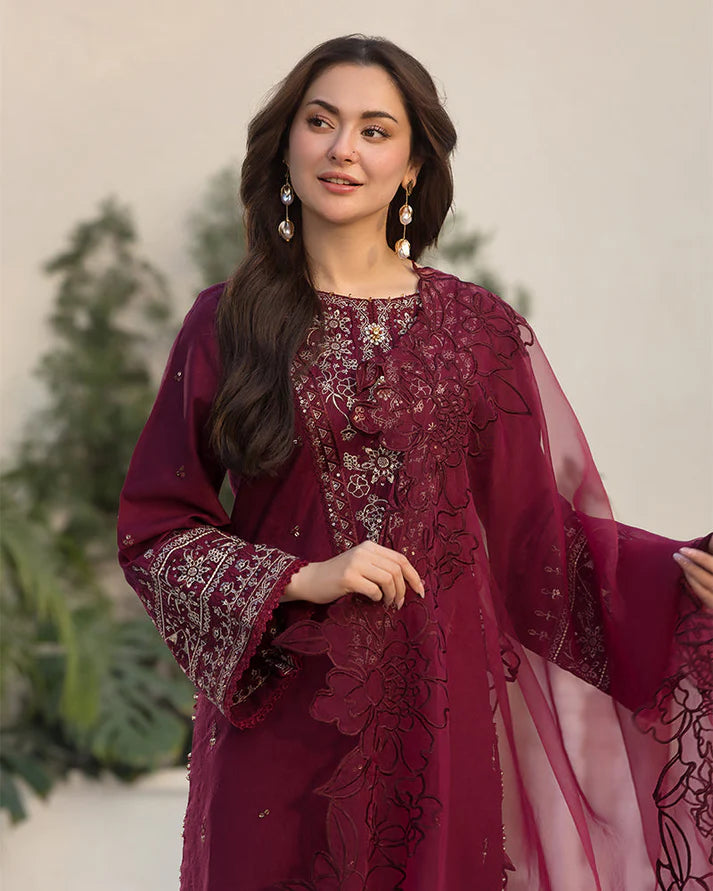 QALAMQAR-3PC LAWN EMBROIDERED SHIRT WITH ORGANZA EMBROIDERED DUAPATTA AND TROUSER-2927