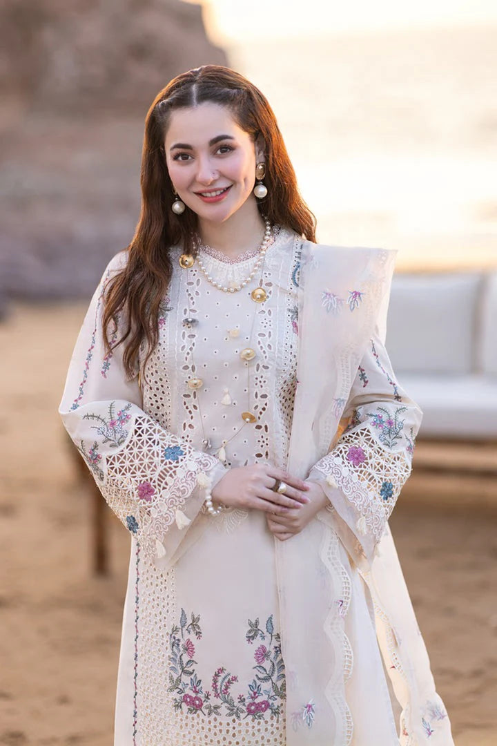 QALAMQAR-3PC CHIKANKARI LAWN EMBROIDERED WITH ORGANZA EMBROIDERED DUPATTA & TROUSER-UR-3555