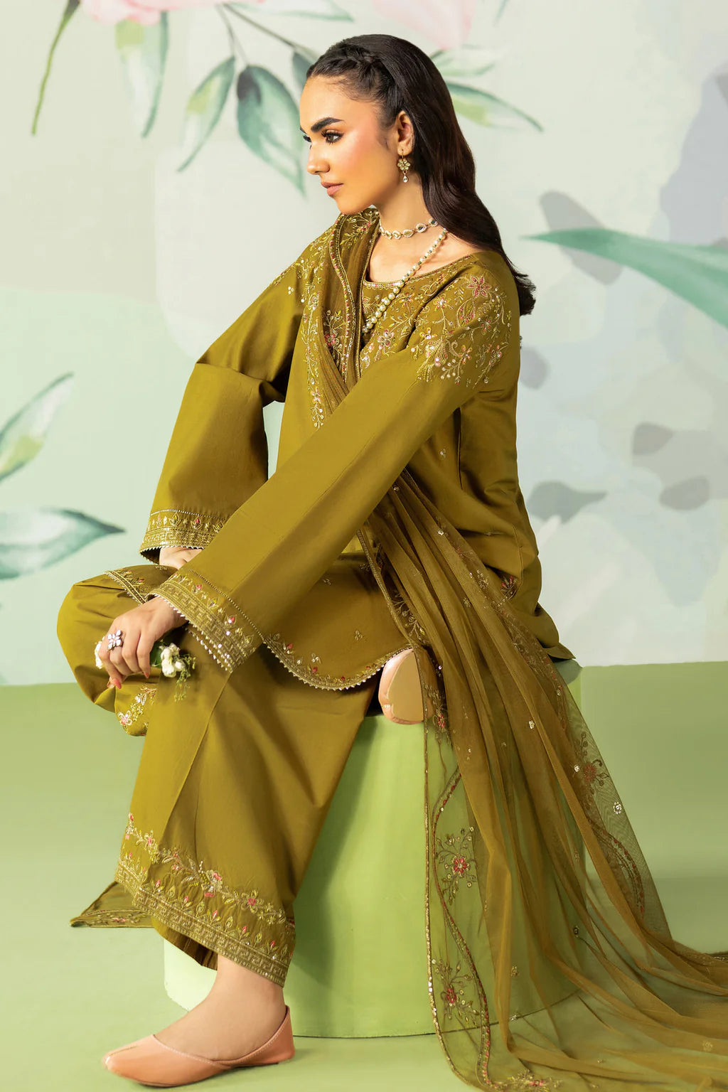 ETHNC-3PC DHANAK SEQUIN EMBROIDERED SHIRT WITH COTTON NET EMBROIDERED DUPATTA AND TROUSER-UR-3883