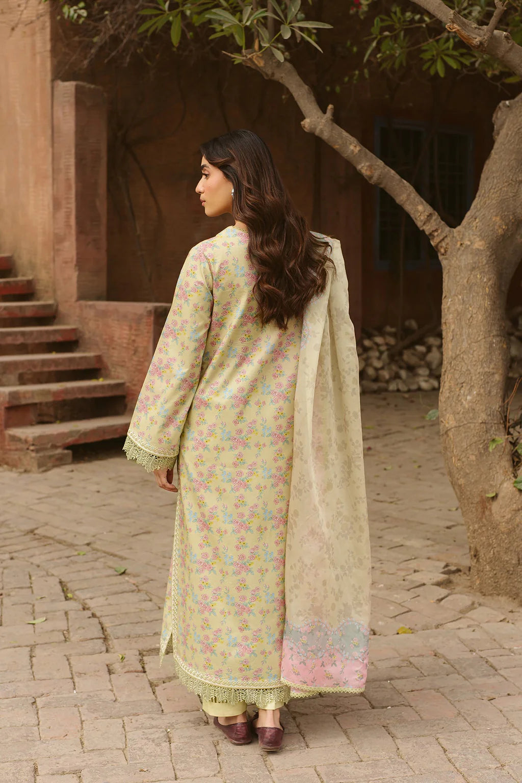 AYZEL-3PC LAWN PRINTED EMB SHIRT WITH SILK PRINTED DUPATTA AND DYED TROUSER-UR-590
