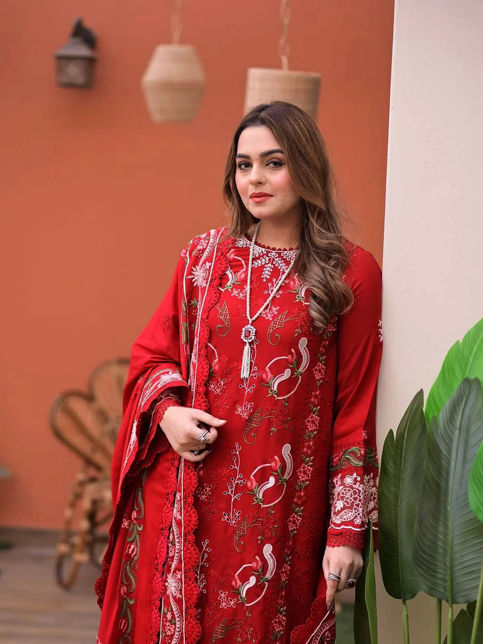 ANEELAS-3PC LAWN CHIKAN EMBROIDERED SHIRT WITH LAWN EMB DUPATTA AND TROUSER-UR-4531