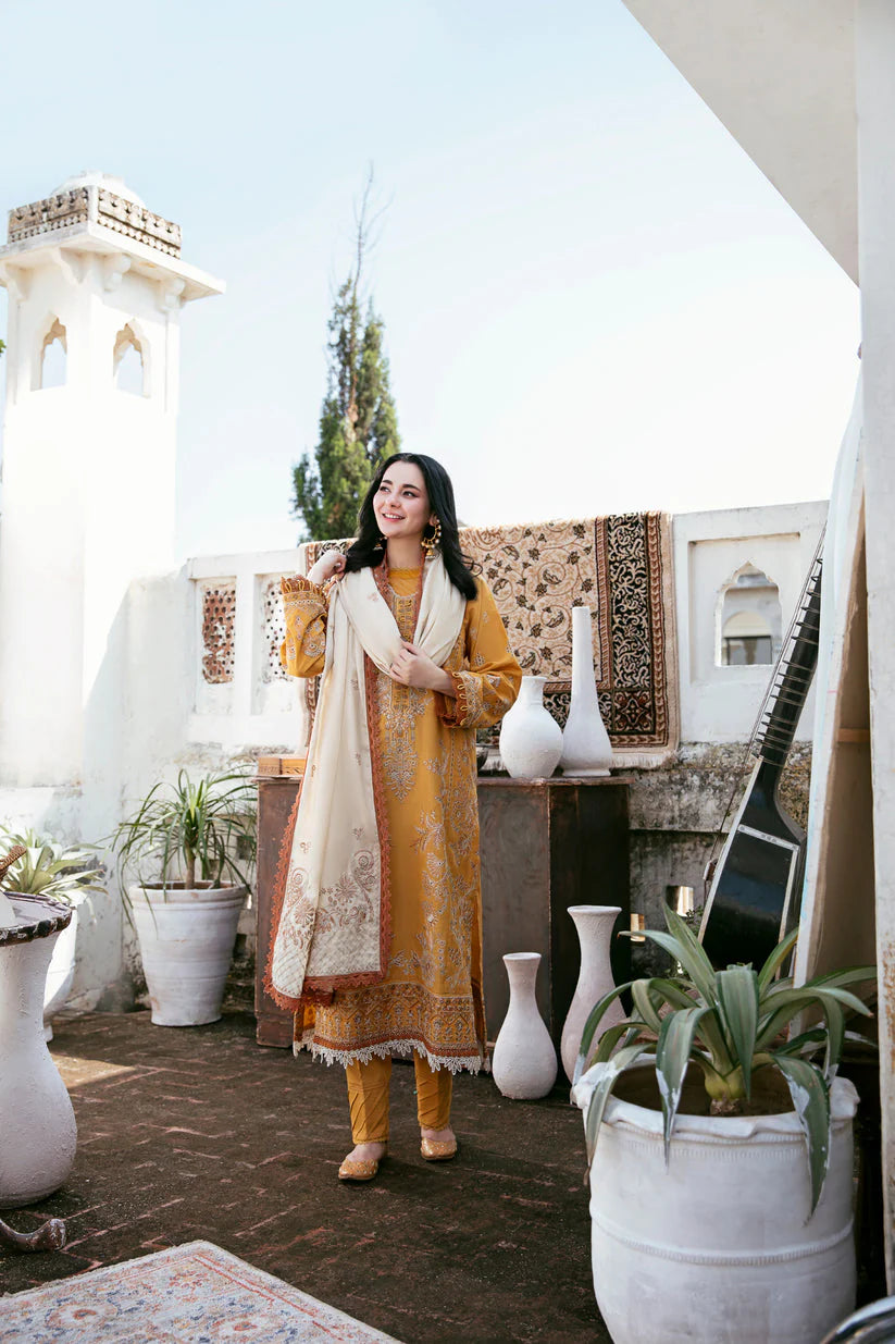 FLORENT-3PC DHANAK EMBROIDERED SHIRT WITH DHANAK EMBROIDERED SHAWL AND TROUSER -UR-4033